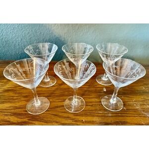 Stunning VTG Etched Bamboo Cocktail Glasses Set of 6 Mid Century Crystal 4.5"
